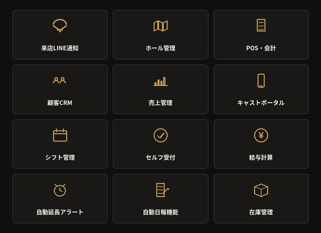 来店LINE通知・ホール管理・POS会計・顧客CRM・売上管理・キャストポータル・シフト管理・セルフ受付の機能一覧アイコン