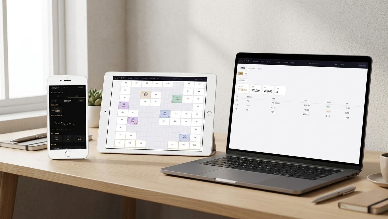 スマートフォン・タブレット・PCでLUNETの管理画面を操作する様子
